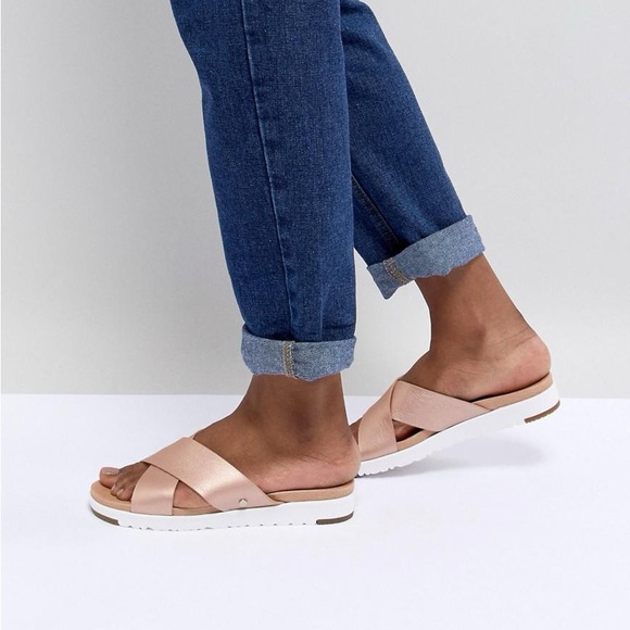 Ugg Women's Metallic Kari Rose Gold Cross Strap Slides Size 7 GUC - Picture 1 of 3